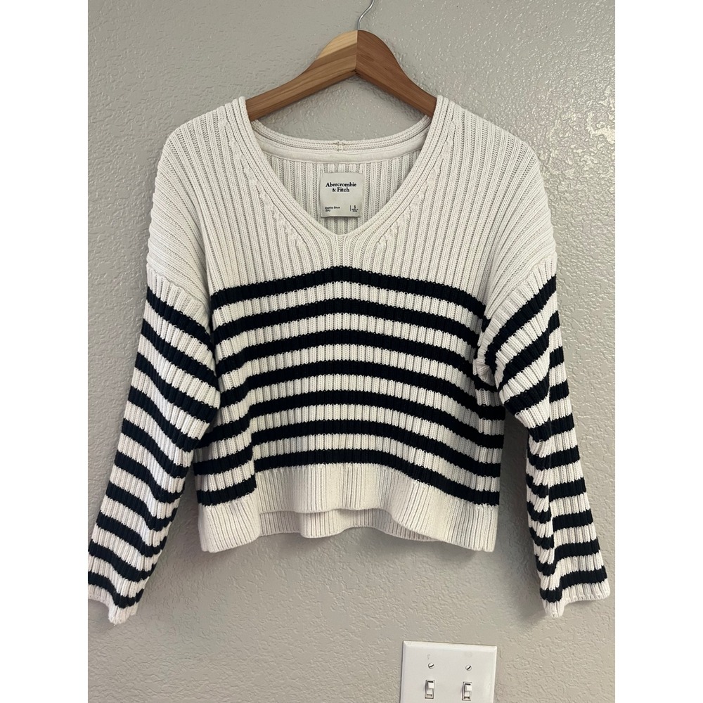 Abercrombie & Fitch Womens V-Neck Striped Ribbed Knit Sweater Cream Navy Blue S